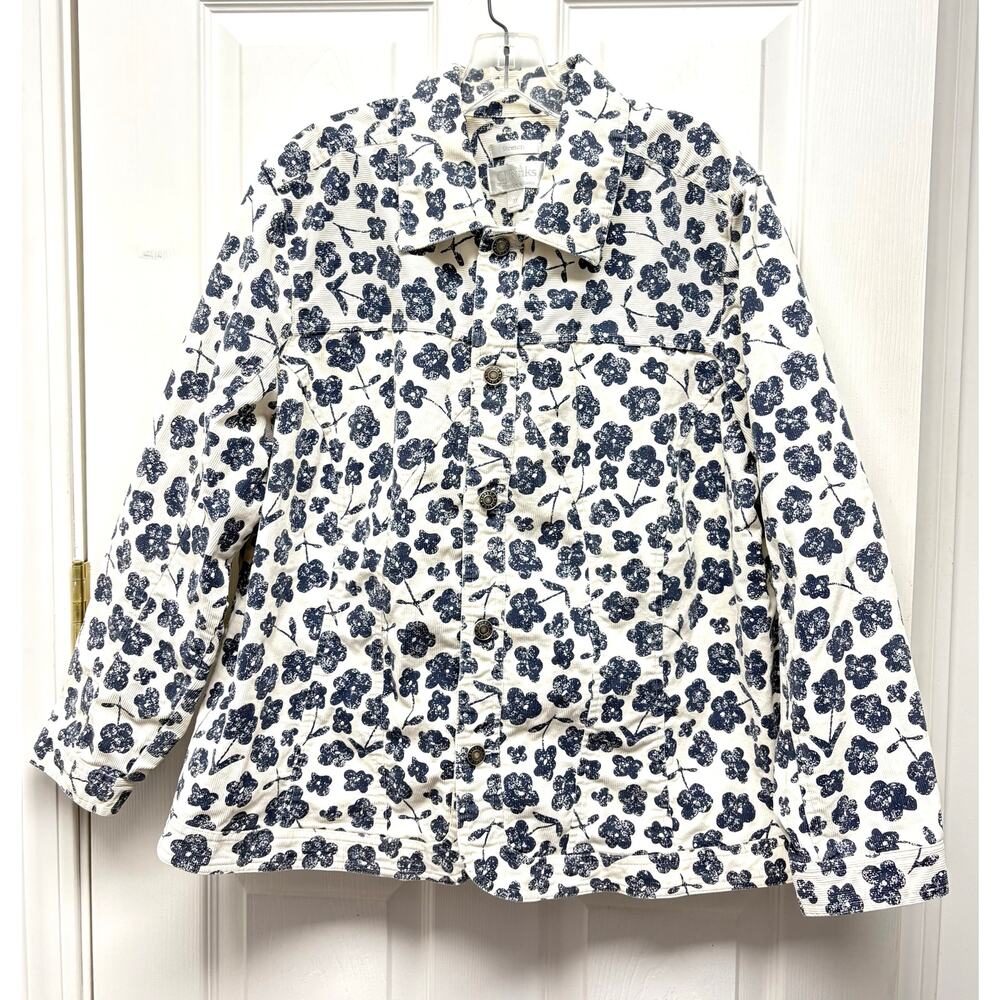 CJ Banks Jacket Floral Corduroy Womens 1X Blue Cream Stretch Button Front